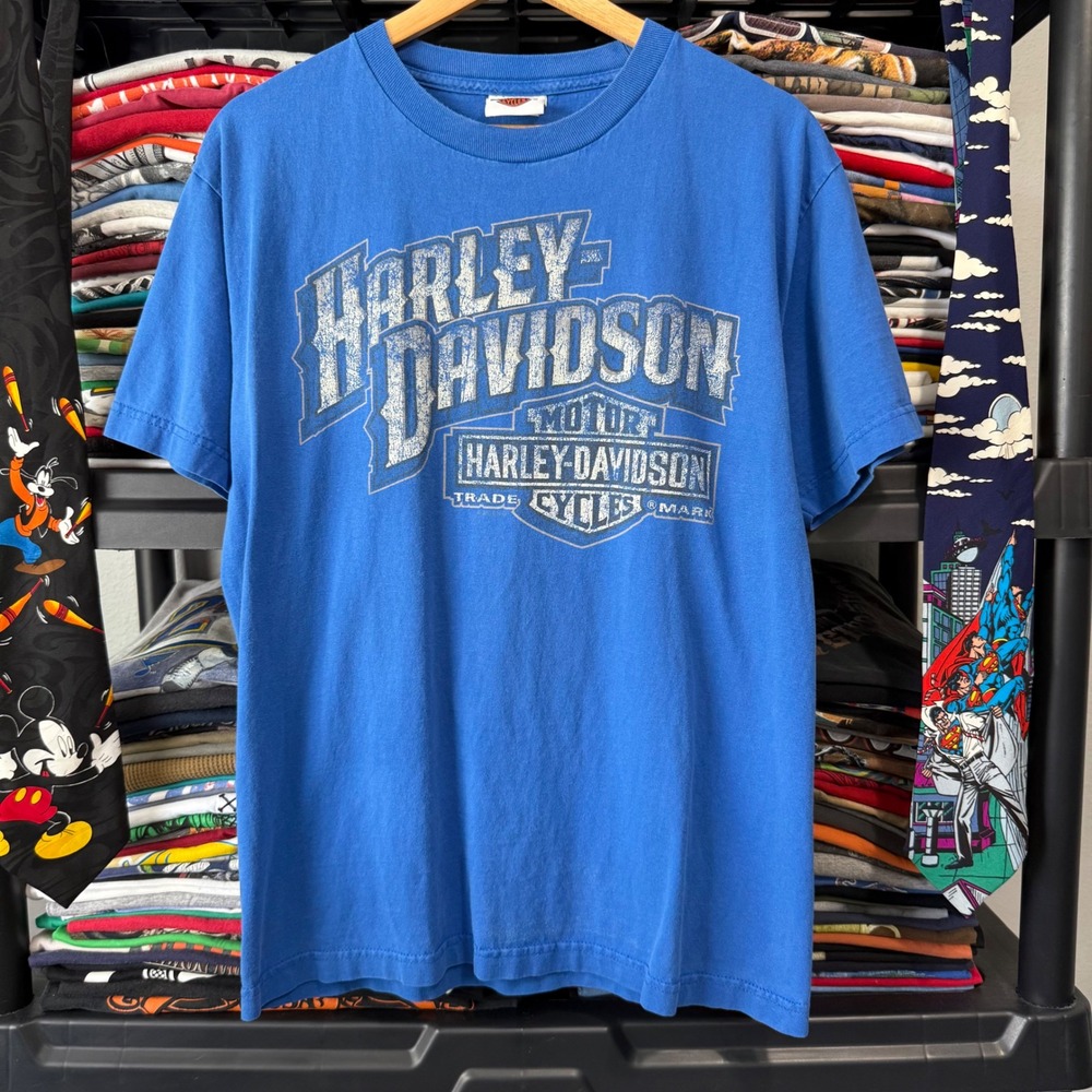 Y2K Blue Harley Davidson Cancun Mexico Graphic T-Shirt Medium Light Thrashing